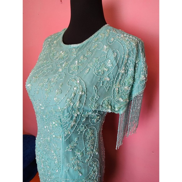 Vintage 1980's does 20's Silk Beaded Turquoise Asymmetrical Fringe Dress - Picture 8 of 10